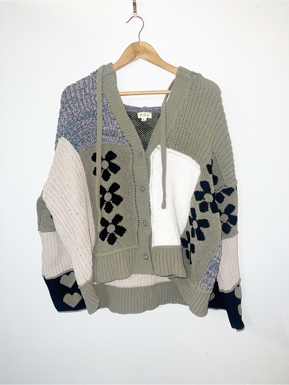 POL Patchwork Hooded Cardigan Sweater Olive, Cream & Black with floral & hearts